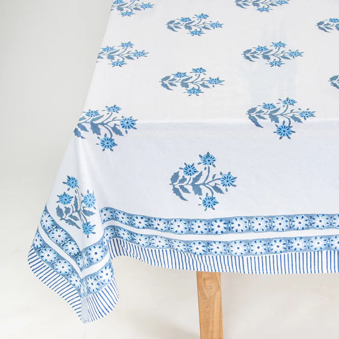 Traditional Sky Blue Boota Floral Block Print Cotton Dining Table Cover